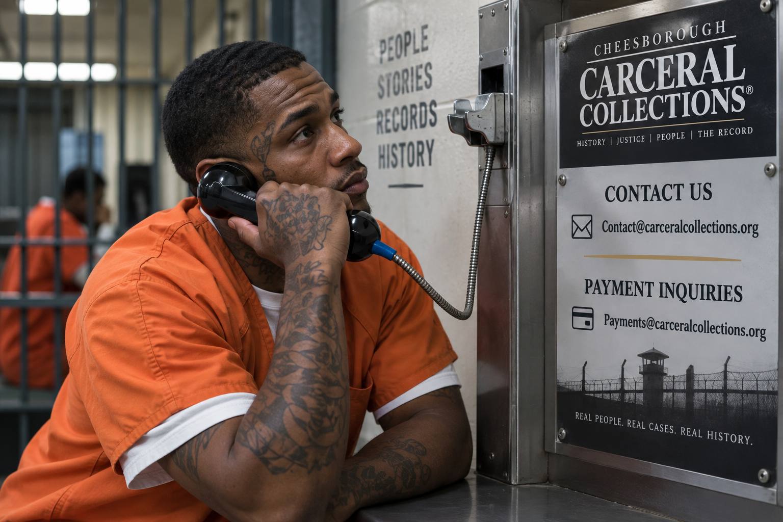 A man using a prison telephone beside a Cheesborough Carceral Collections sign listing Contact@carceralcollections.org and Payments@carceralcollections.org.