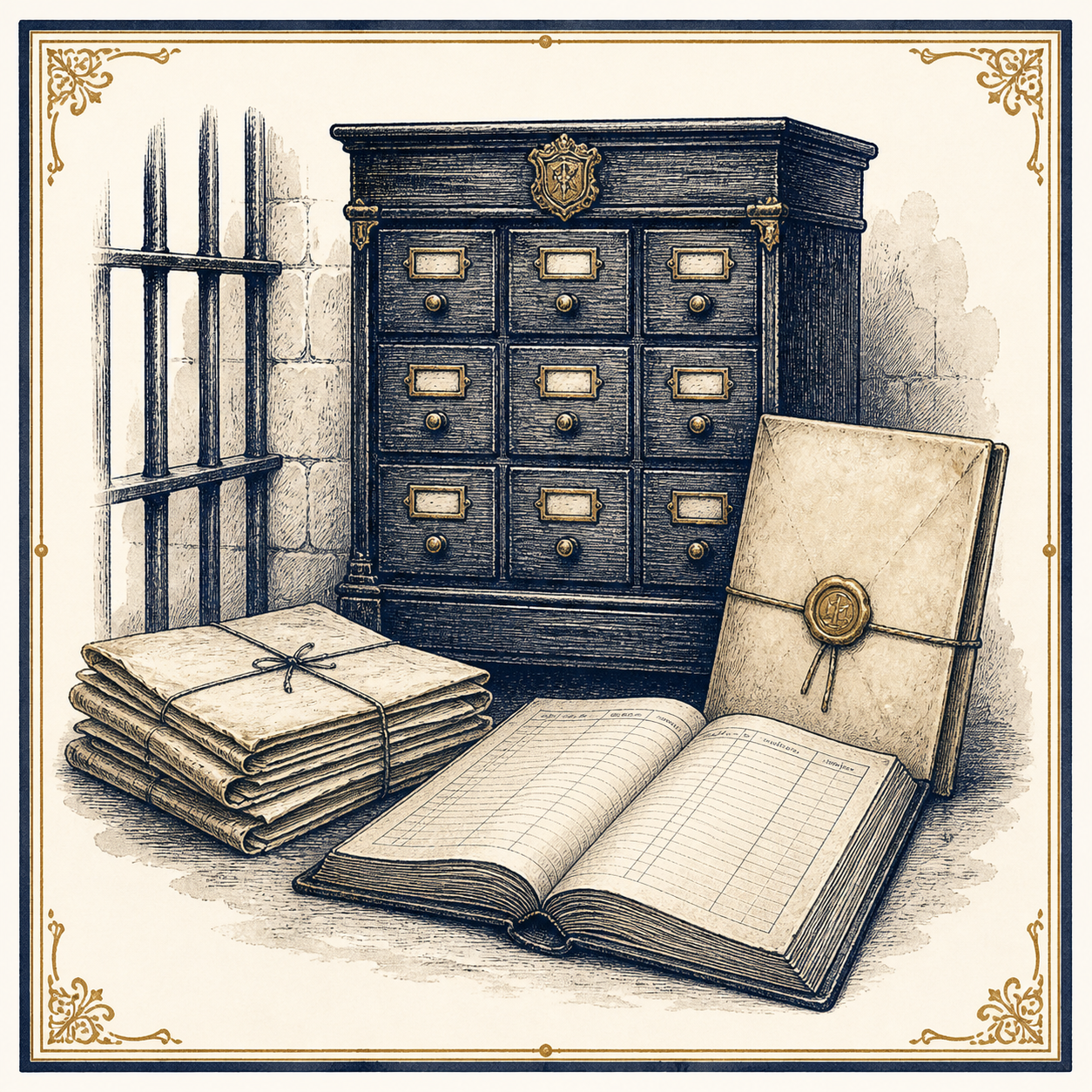 Archival records, bound documents, and a collection cabinet