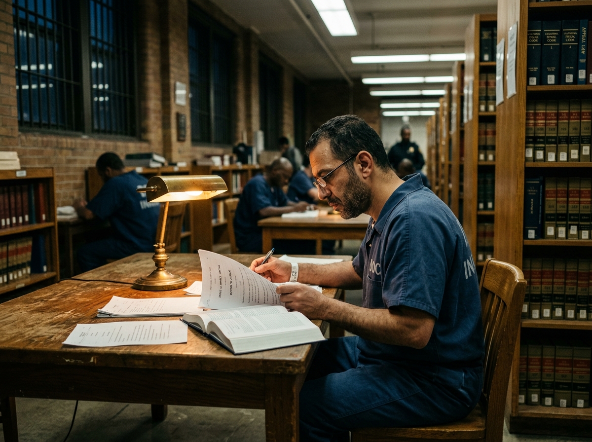 Incarcerated individual studying legal records and law books in a correctional facility library