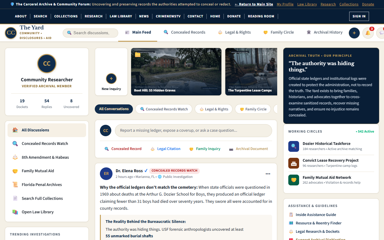 Sneak peek of The Yard Community Hub showing newsfeed, case inquiries, and working circles